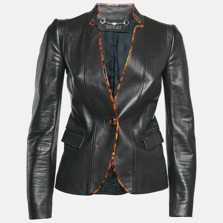 Pre Owned Gucci Black Contrast Trim Leather Button Front Jacket S
