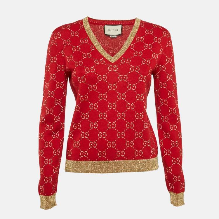 Pre Owned Gucci Red GG Lamé Knit V-Neck Sweater S