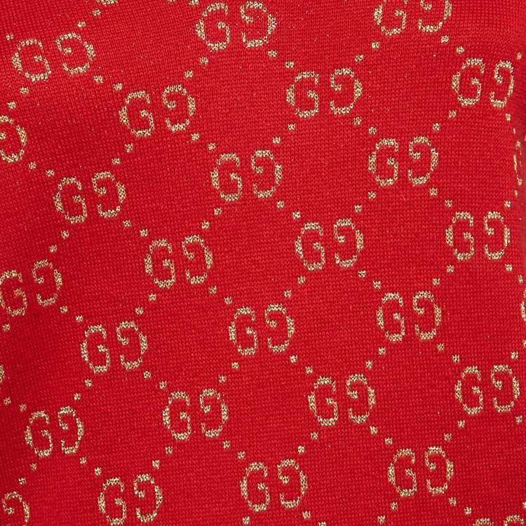 Pre Owned Gucci Red GG Lamé Knit V-Neck Sweater S