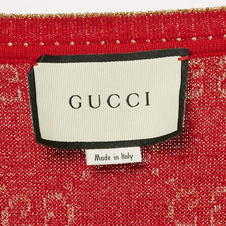 Pre Owned Gucci Red GG Lamé Knit V-Neck Sweater S