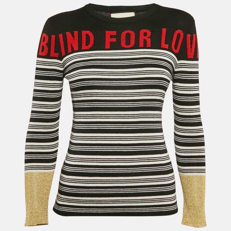 Pre Owned Gucci Black/White Blind For Love Intarsia  Lamé and Cashmere Knit Sweater XS