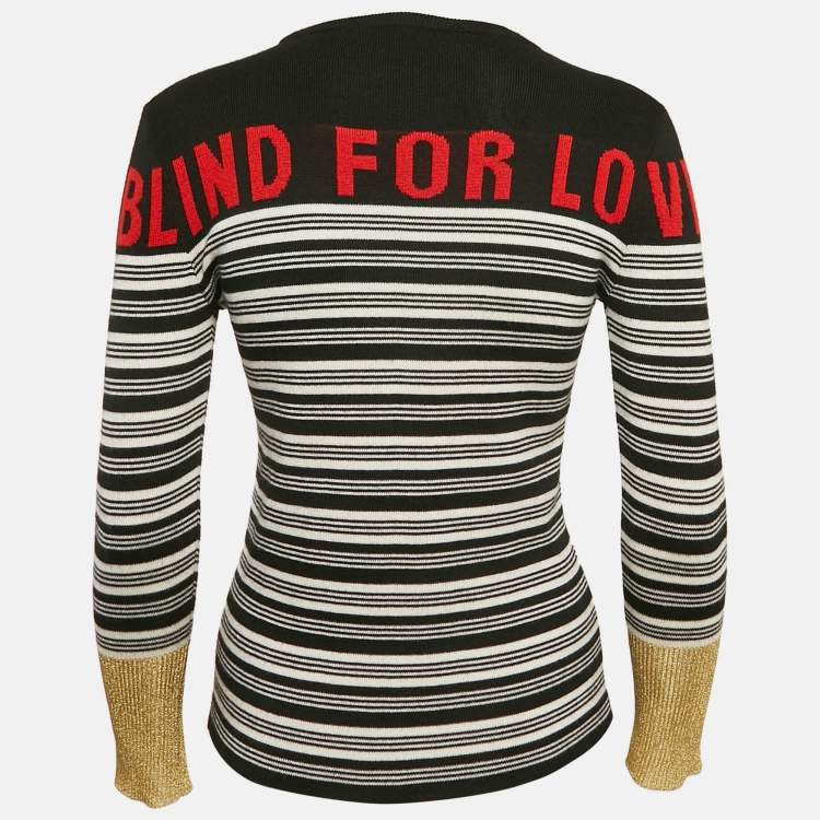 Pre Owned Gucci Black/White Blind For Love Intarsia  Lamé and Cashmere Knit Sweater XS