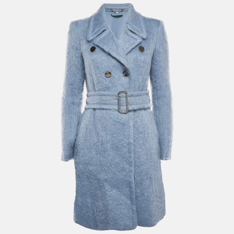 Pre Owned Gucci Blue Textured Mohair Double Breasted Mid-Length Coat S