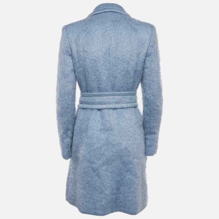 Pre Owned Gucci Blue Textured Mohair Double Breasted Mid-Length Coat S