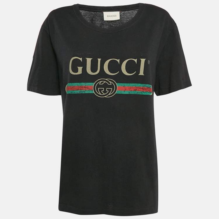 Pre Owned Gucci Black Vintage Logo Print Jersey Distressed T-Shirt XS
