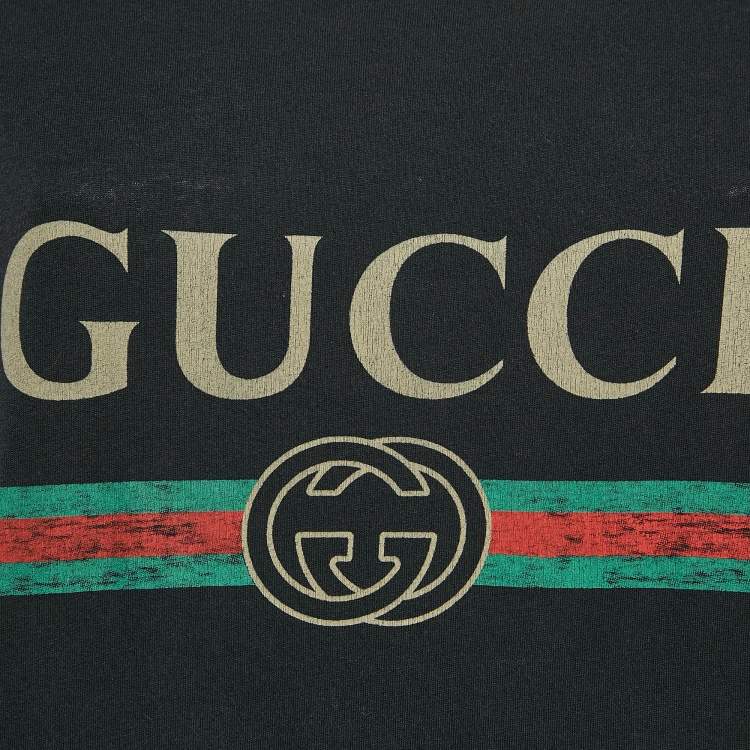 Pre Owned Gucci Black Vintage Logo Print Jersey Distressed T-Shirt XS