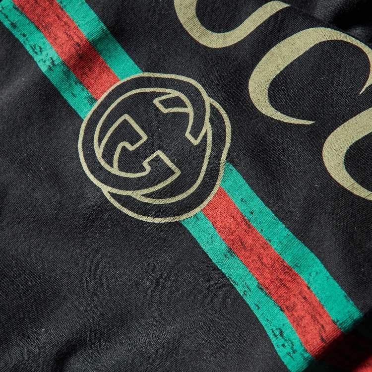 Pre Owned Gucci Black Vintage Logo Print Cotton Distressed T-Shirt M