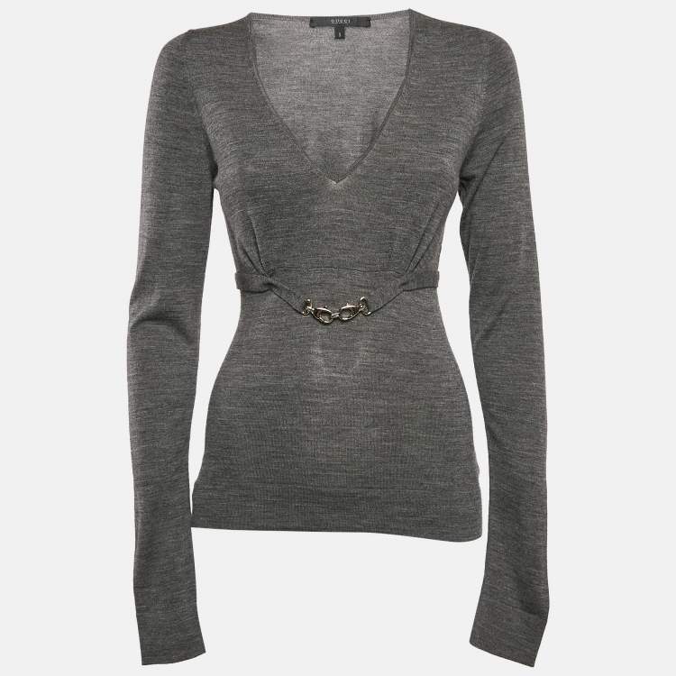 Pre Owned Gucci Grey Wool Knit Belted Long Sleeve Top S