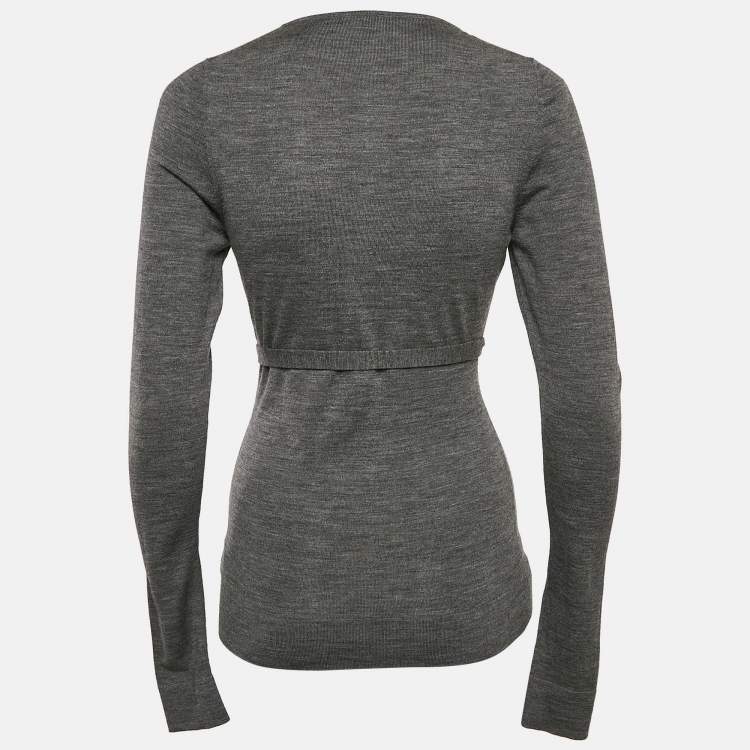 Pre Owned Gucci Grey Wool Knit Belted Long Sleeve Top S