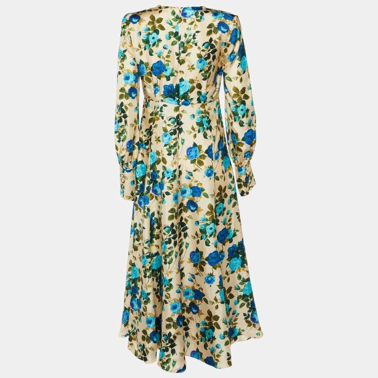 Pre Owned Gucci Cream/Blue Rose Print Silk Ruched Detail Long Dress M