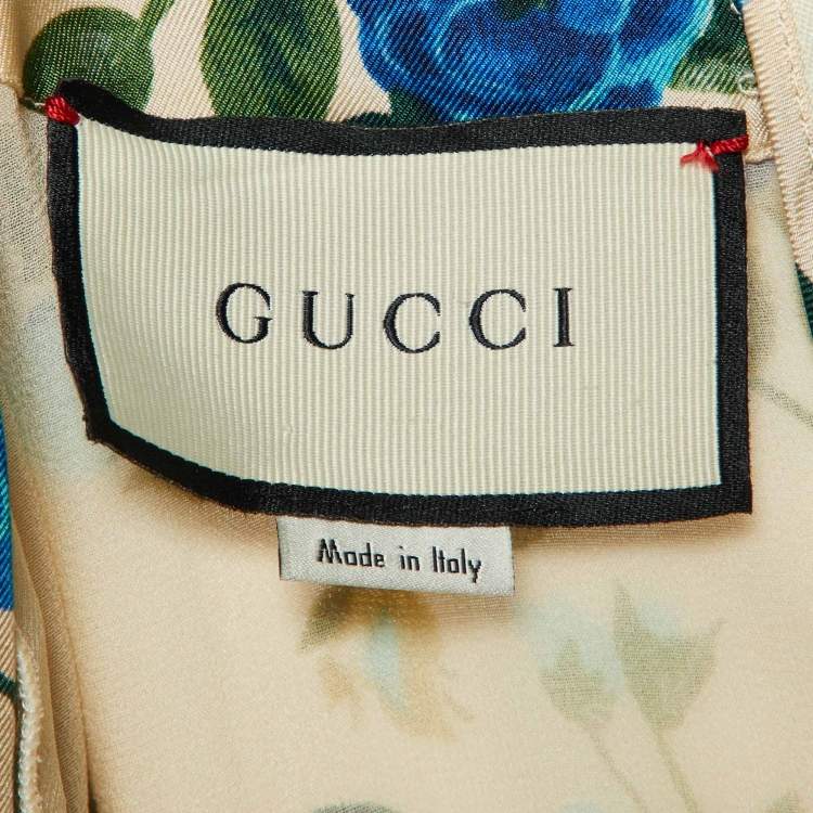 Pre Owned Gucci Cream/Blue Rose Print Silk Ruched Detail Long Dress M