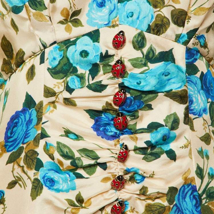 Pre Owned Gucci Cream/Blue Rose Print Silk Ruched Detail Long Dress M