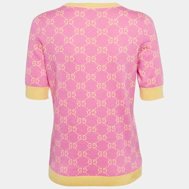 Pre Owned Gucci Pink/Yellow GG Supreme Jacquard Cotton Sweater Top L