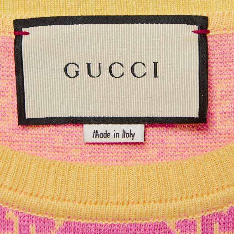 Pre Owned Gucci Pink/Yellow GG Supreme Jacquard Cotton Sweater Top L