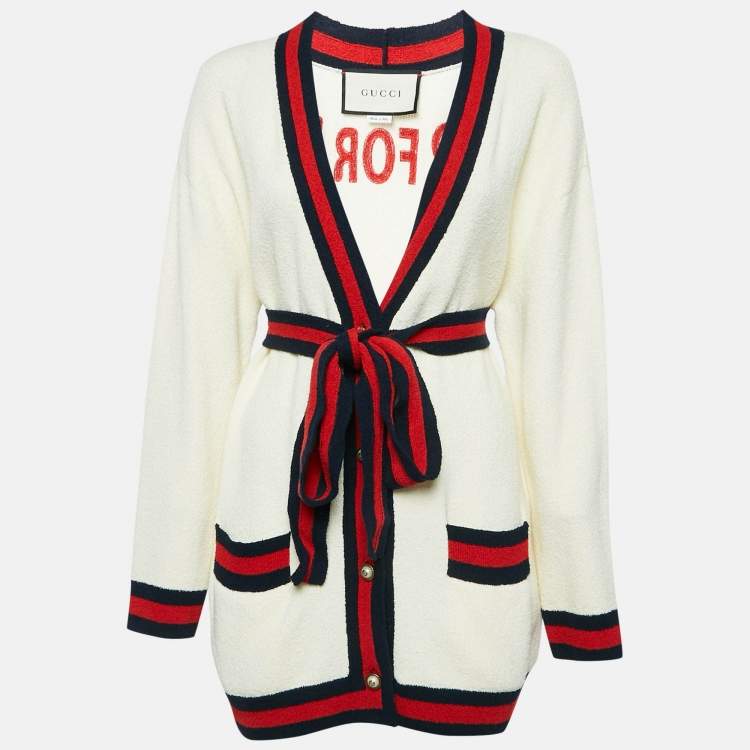 Pre Owned Gucci Cream 'Blind For Love' Cotton Belted Cardigan S