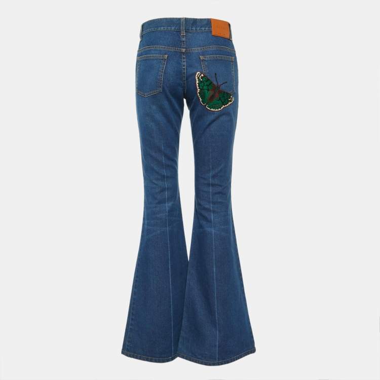 Pre Owned Gucci Blue Denim Butterfly & Bee Embroidered Flared Jeans M/Waist 32"