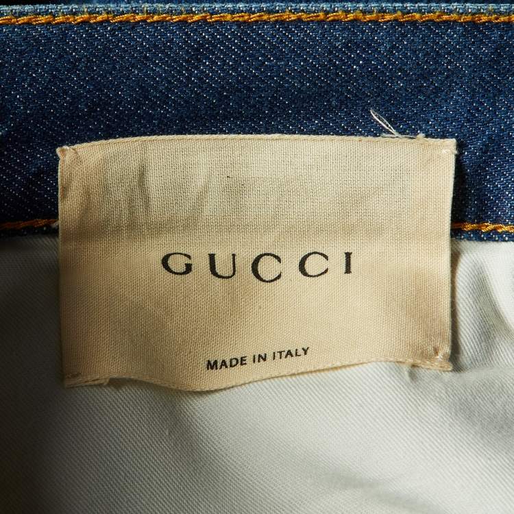 Pre Owned Gucci Blue Denim Butterfly & Bee Embroidered Flared Jeans M/Waist 32"