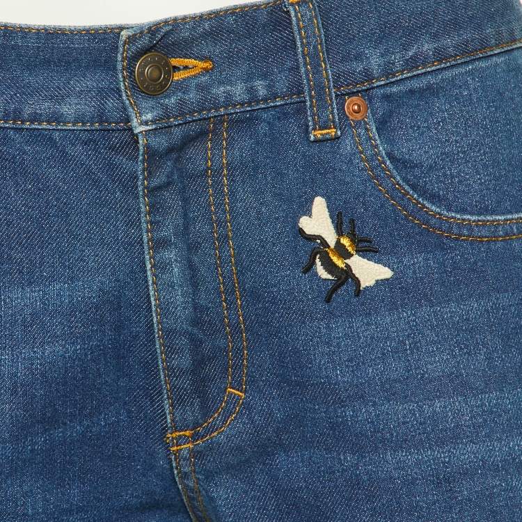 Pre Owned Gucci Blue Denim Butterfly & Bee Embroidered Flared Jeans M/Waist 32"