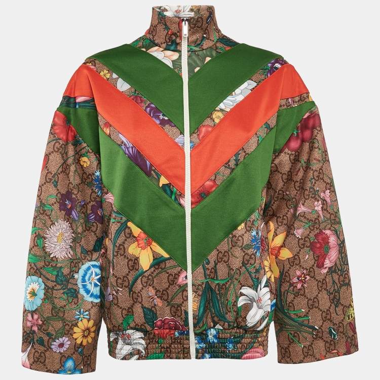 Pre Owned Gucci Green GG Supreme Floral Print Jersey Knit Zip-Up Track Jacket XS