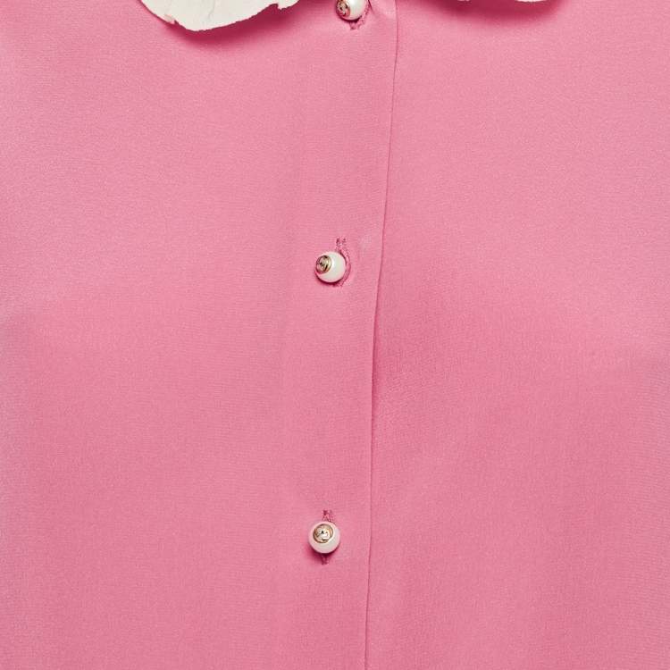Pre Owned Gucci Pink Silk Contrast Trim Detail Ruffled Blouse L