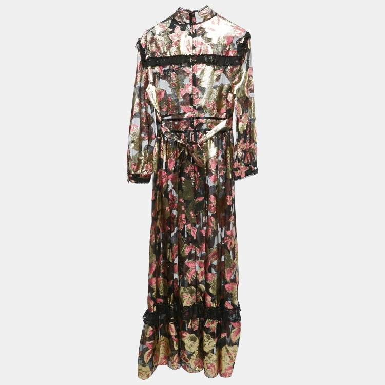 مملوكة مسبقًا Gucci Black/Metallic Floral Brocade Sheer Ruffled Maxi Dress L