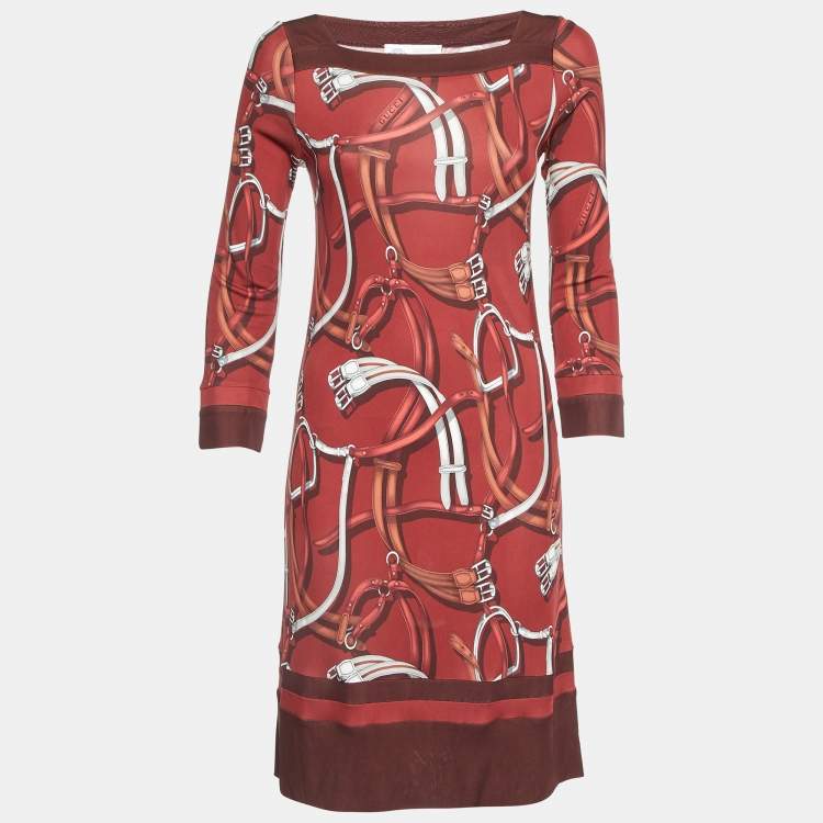 Pre Owned Gucci Equestrian Dark Red Printed Jersey Knee-Length Dress S