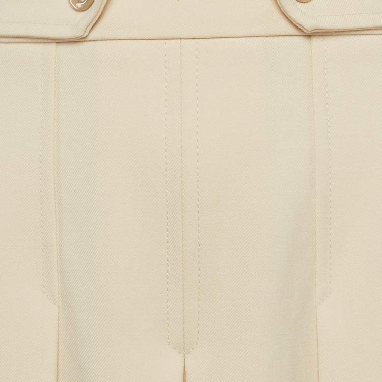Pre Owned Gucci Cream Logo Print Gabardine Pleated Wool Culottes Trousers S