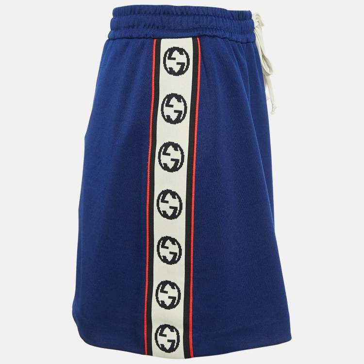 Pre Owned Gucci Navy Blue GG Side Stripe Jersey Mini Skirt M