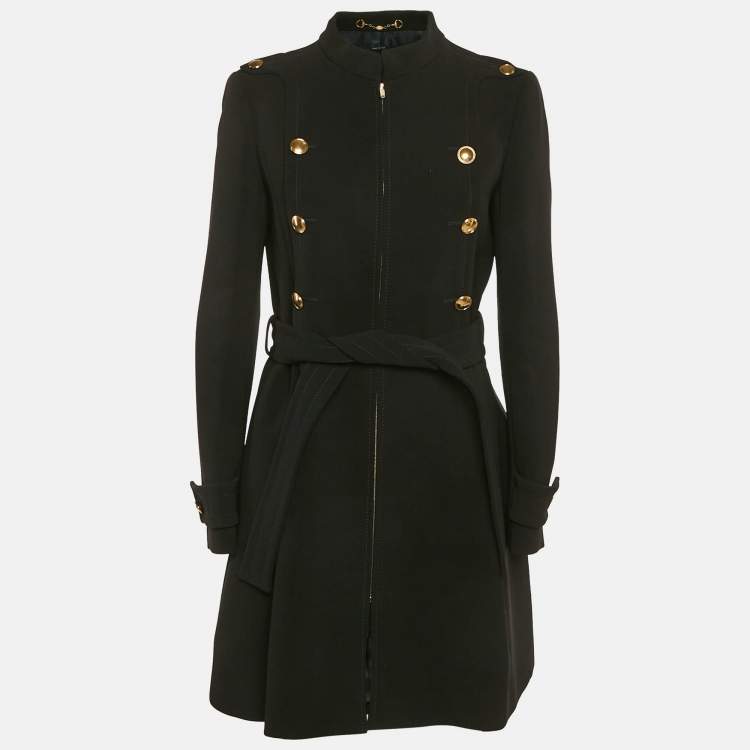 مملوكة مسبقًا Gucci Black Crepe Zip-Up Button Detail Belted Mid-Length Coat M