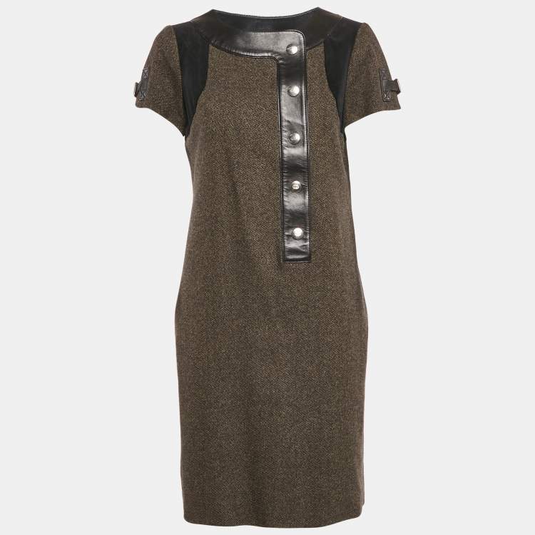 مملوكة مسبقًا Gucci Black/Brown Wool Leather Trimmed Short Dress M