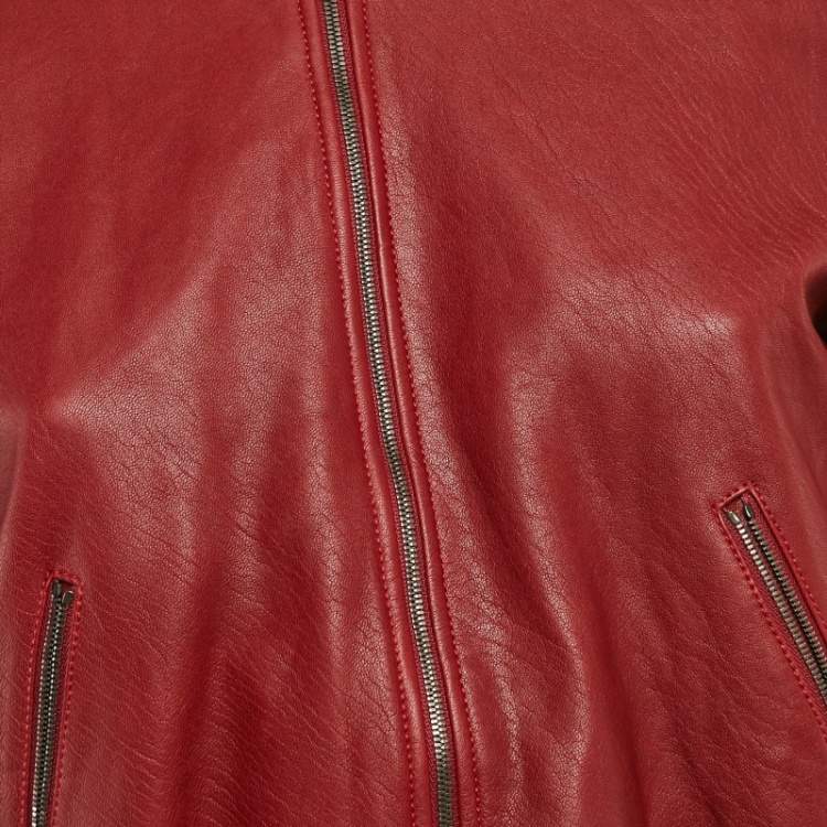 Pre Owned Gucci Burgundy Dragonfly Embellished Leather Zip-Up Bomber Jacket M