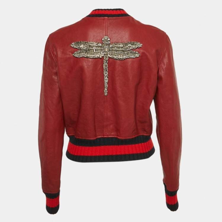 Pre Owned Gucci Burgundy Dragonfly Embellished Leather Zip-Up Bomber Jacket M