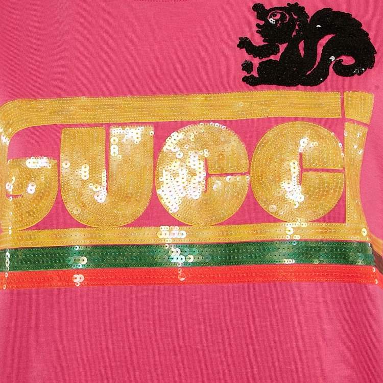 Pre Owned Gucci Pink Logo Sequin Jersey Crew Neck T-Shirt XXS
