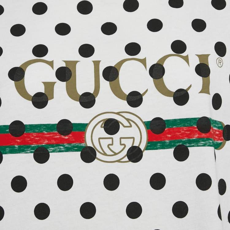 مملوكة مسبقًا Gucci White Polka Dot Logo Print Cotton Crew Neck T-Shirt XS