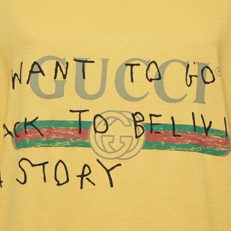 Pre Owned Gucci Yellow Vintage Logo Print Jersey Distressed T-Shirt M