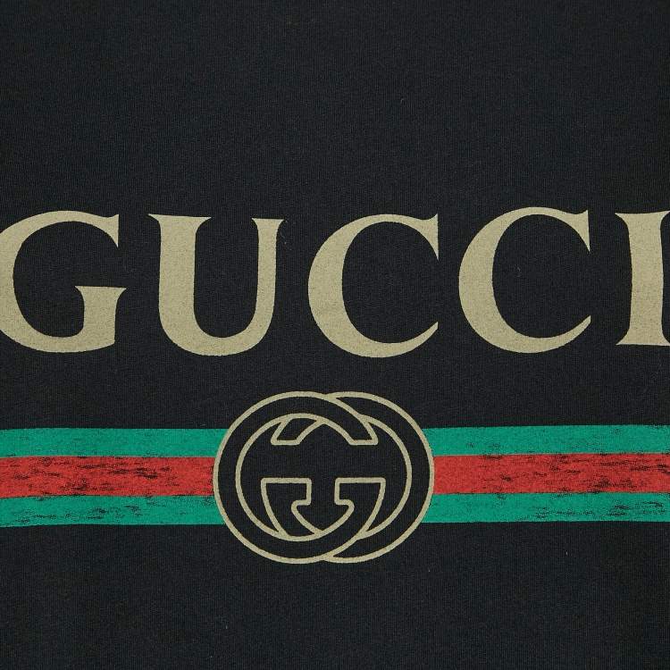 Pre Owned Gucci Black Vintage Logo Print Cotton Distressed Oversize T-Shirt L