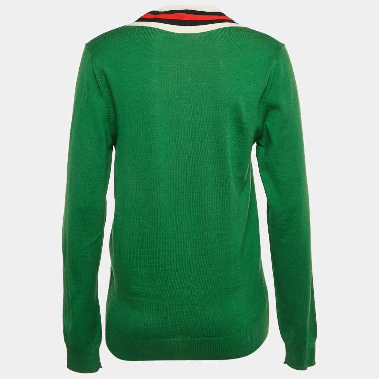 Pre Owned Gucci Green Wool V-Neck Full Sleeve Sweater XS