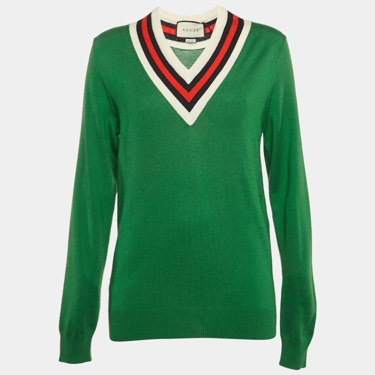 Pre Owned Gucci Green Wool V-Neck Full Sleeve Sweater XS