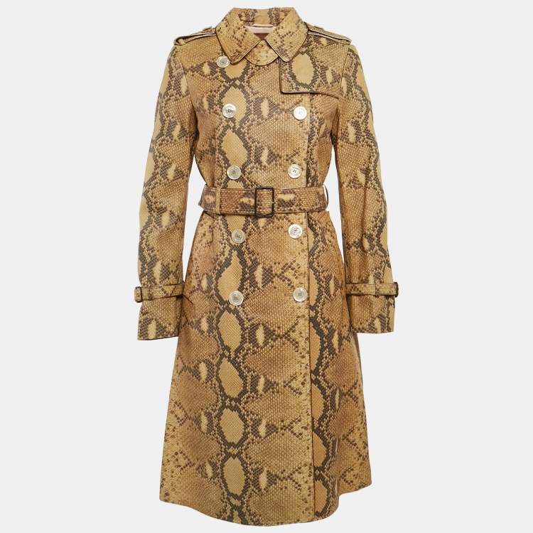 Pre Owned Gucci Brown Python Skin Texture Leather Double Breasted Coat M