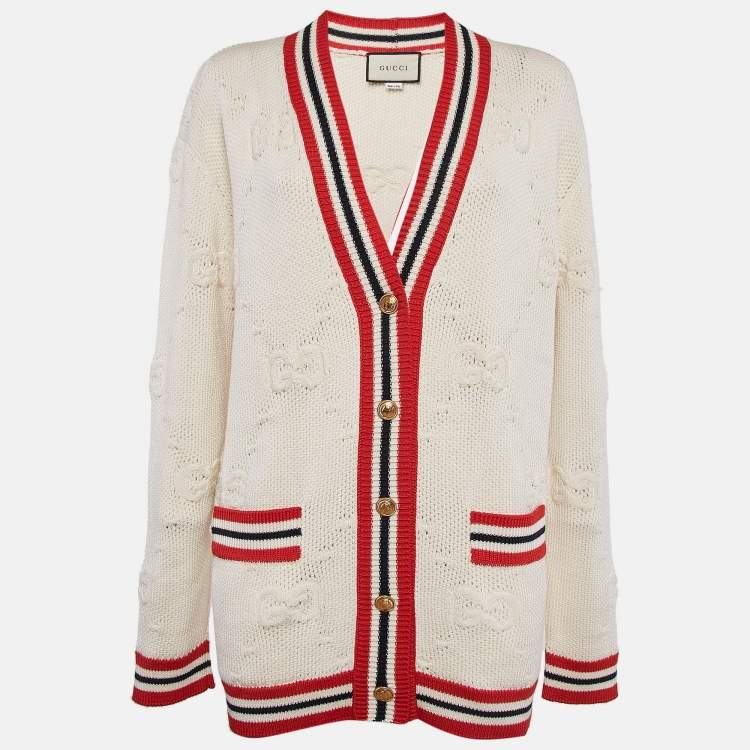 مملوكة مسبقًا Gucci Cream Sylvie Web Knit Button Front Cardigan XS