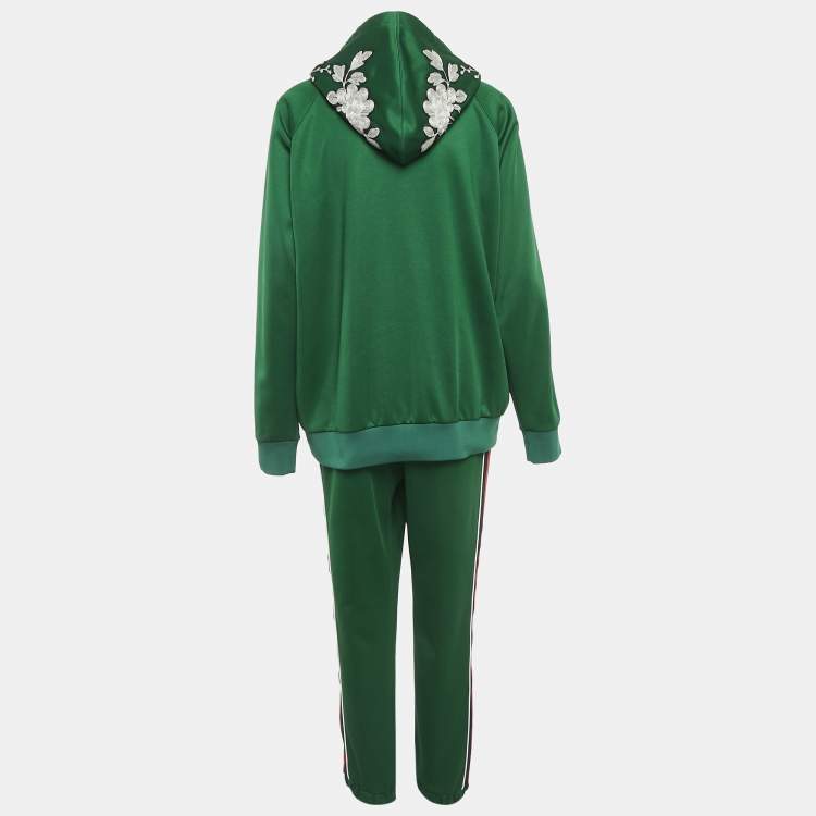 Pre Owned Gucci Green Floral Embroidered Cotton Blend Knit Tracksuit XL/L