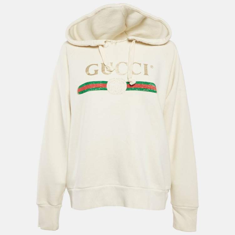 Pre Owned Gucci Cream Dog Embroidery Cotton Hooded Sweatshirt S