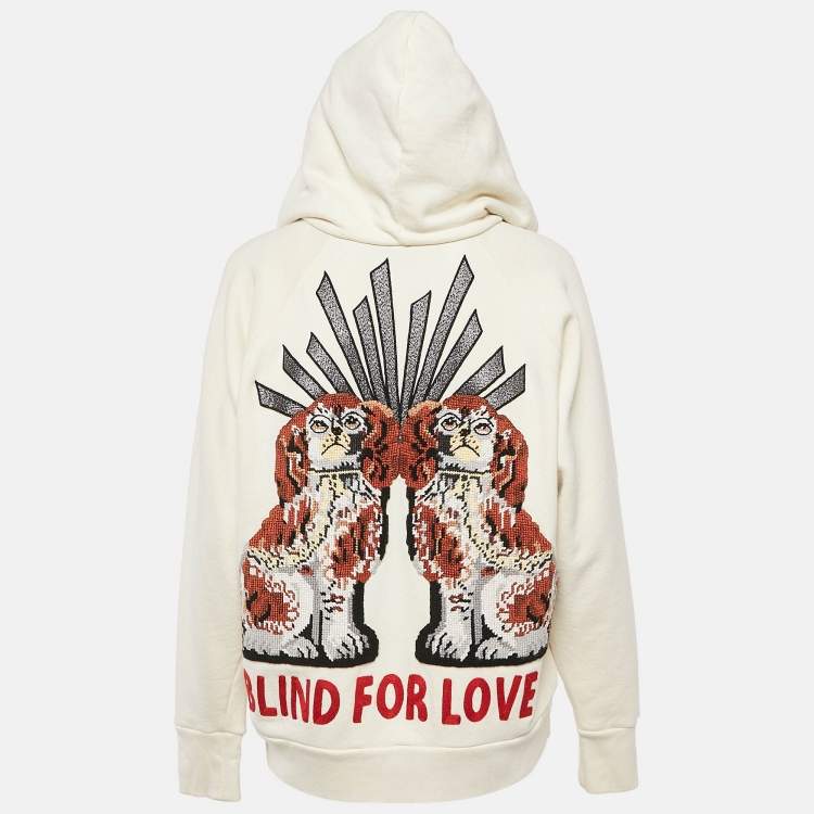 Pre Owned Gucci Cream Dog Embroidery Cotton Hooded Sweatshirt S