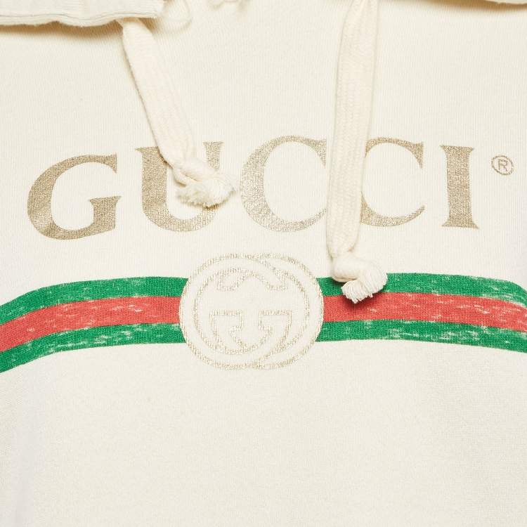 Pre Owned Gucci Cream Dog Embroidery Cotton Hooded Sweatshirt S