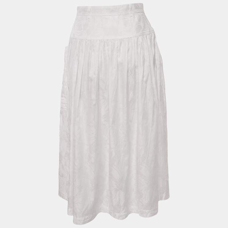 Pre Owned Gucci White Jacquard Cotton Gathered Midi Skirt M