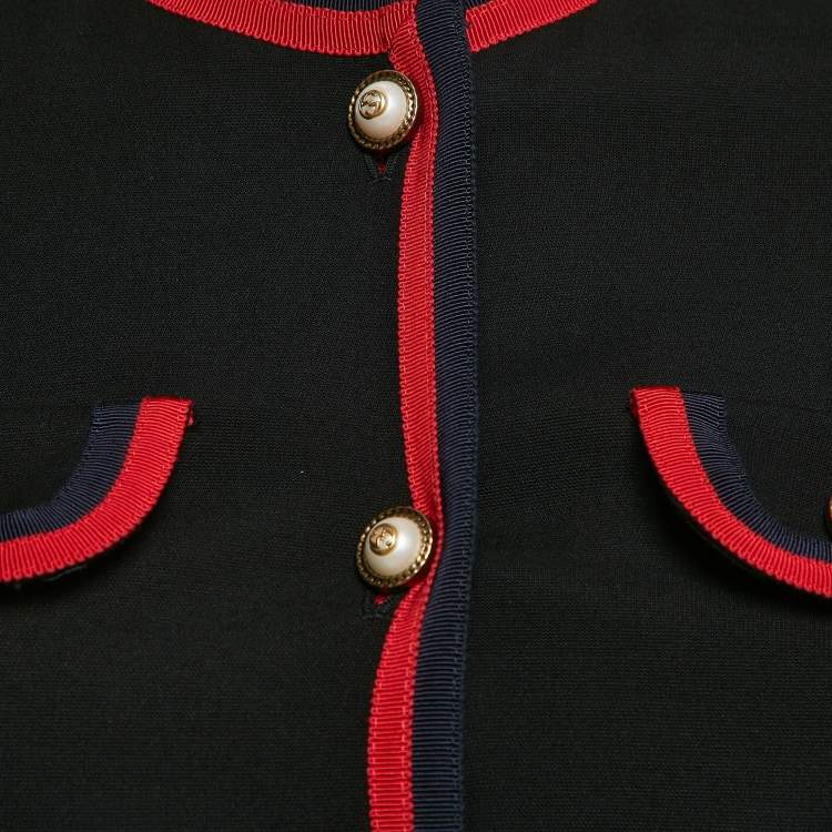 Pre Owned Gucci Black Silk Blend Button Detail Contrast Trimmed Jacket XS