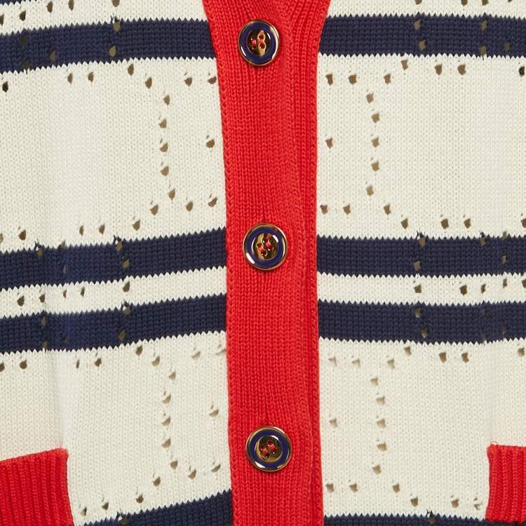 Pre Owned Gucci Cream GG Pointelle Knit Striped Button Front Cardigan XS