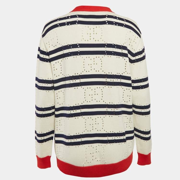 Pre Owned Gucci Cream GG Pointelle Knit Striped Button Front Cardigan XS