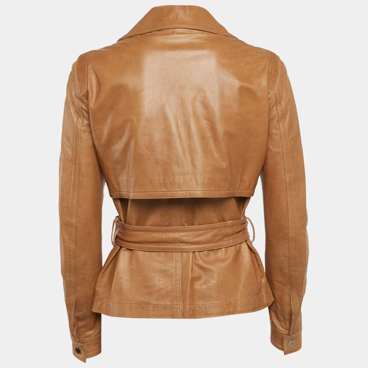 مملوكة مسبقًا Gucci Brown Leather Zip-Up Biker Jacket M