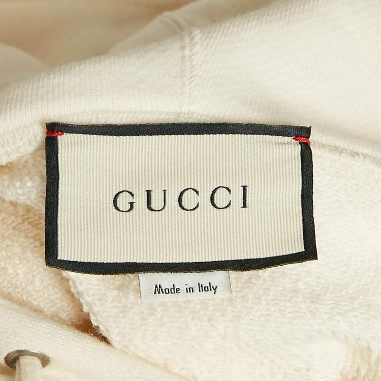 Pre Owned Gucci Cream Teddy Embroidered Cotton Knit Hoodie S